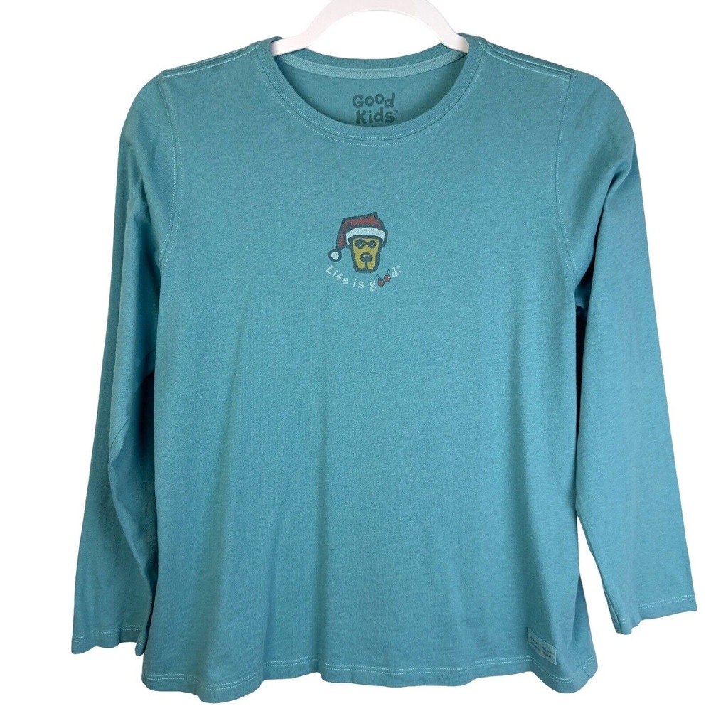 ife is Good Girls Long Sleeve T‎ Shirt Holiday Dog Graphic Aqua XL 12 14
